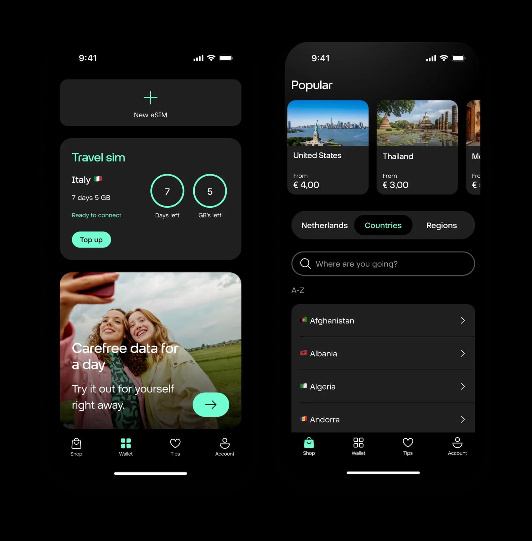 SimWallet app screens showing multiple country bundles