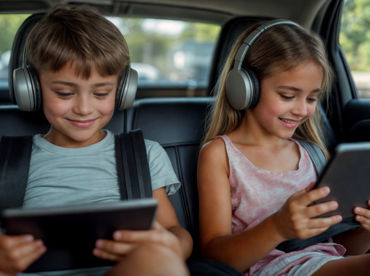 Kinderen gebruiken tablets in de auto