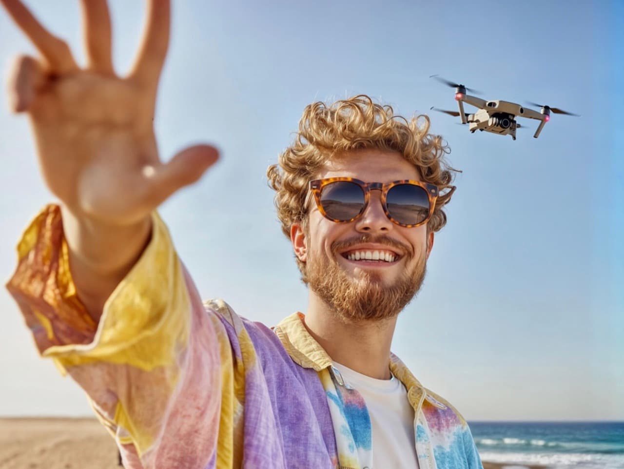 Man met zonnebril op rondreis met drone